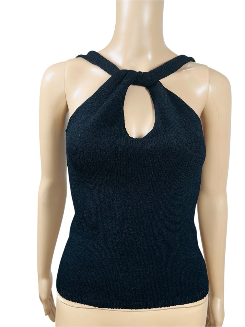 Black Twist Halter Keyhole Knit Tank with open square back Sz m stretchy